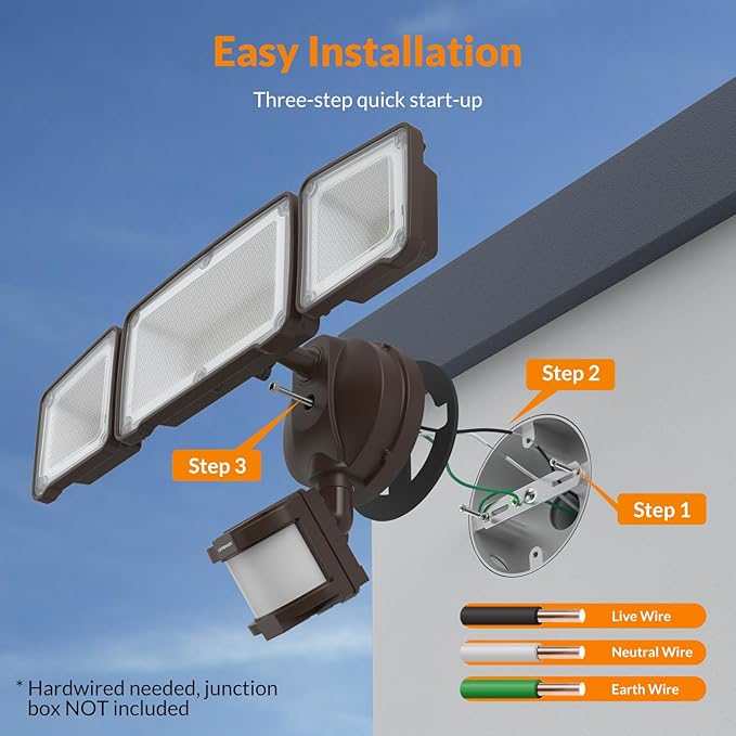 LEPOWER LED Security Light Motion Sensor Light Outdoor, 38W 4200LM Motion Security Light, 5500K, IP65 Waterproof, 3 Head Motion Detected Flood Light for Garage, Yard, Porch (Not Solar Powered, Brown)-VerdiqueGarden