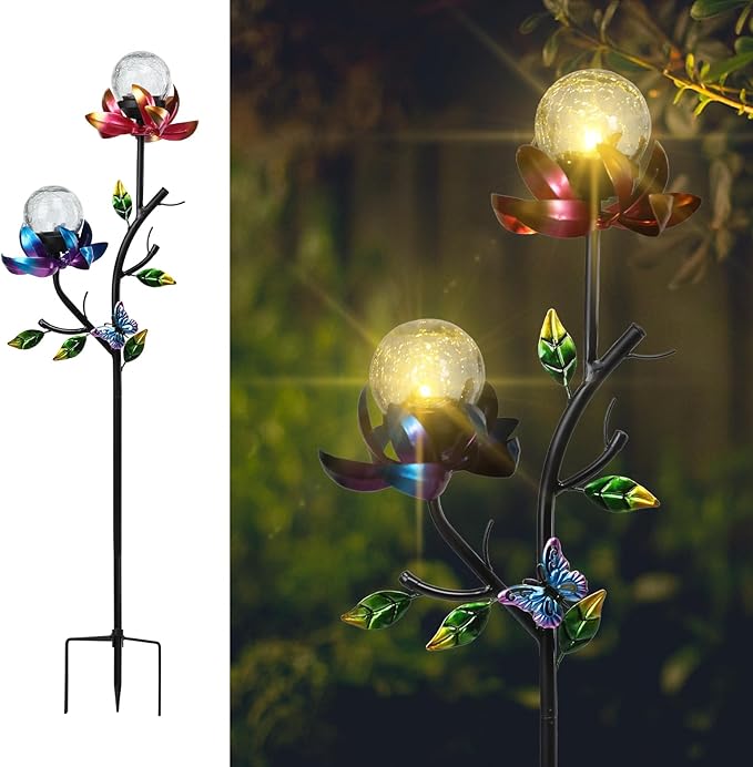 VCUTEKA Solar Garden Light Solar Flowers Light with LED Crackle Glass Globe Solar Lights Outdoor Metal Garden Stake Wind Spinner for Garden Decoration, Patio Decor, Yard Decor and Gift for Mother-VerdiqueGarden