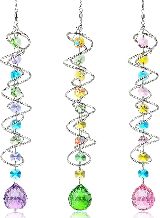 H&D HYALINE & DORA Set of 3 Crystal Sun Catcher for Window Hanging Double-Spiral Gazing Ball Spiral Tail Rainbow Maker Wind Spinners Outdoor for Garden, Patio, Porch, Christmas-VerdiqueGarden