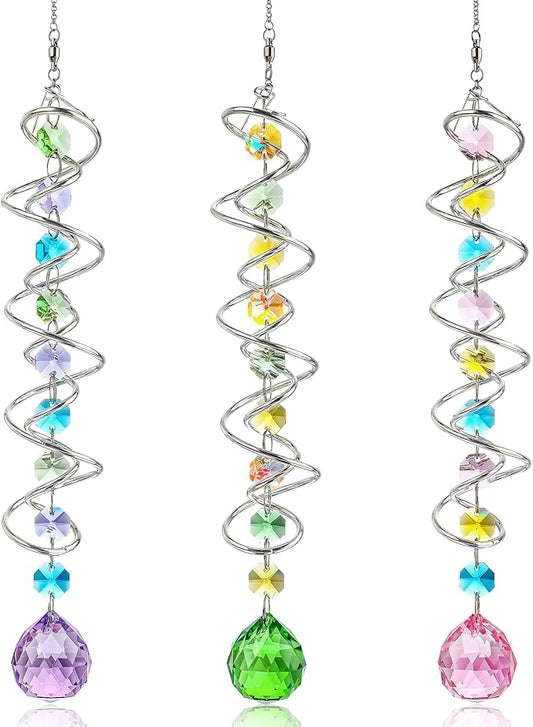 H&D HYALINE & DORA Set of 3 Crystal Sun Catcher for Window Hanging Double-Spiral Gazing Ball Spiral Tail Rainbow Maker Wind Spinners Outdoor for Garden, Patio, Porch, Christmas-VerdiqueGarden