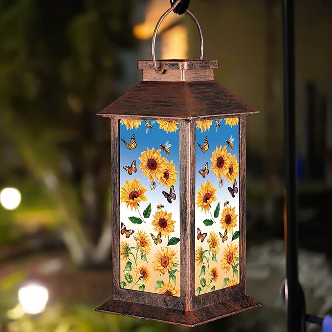Solar Lantern Outdoor Waterproof Sunflower Butterfly Garden Decor Birthday Gifts for Women Mom and Grandma Solar LED Plastic Decorative Hanging Light for Yard(Sunflower Butterfly)-VerdiqueGarden