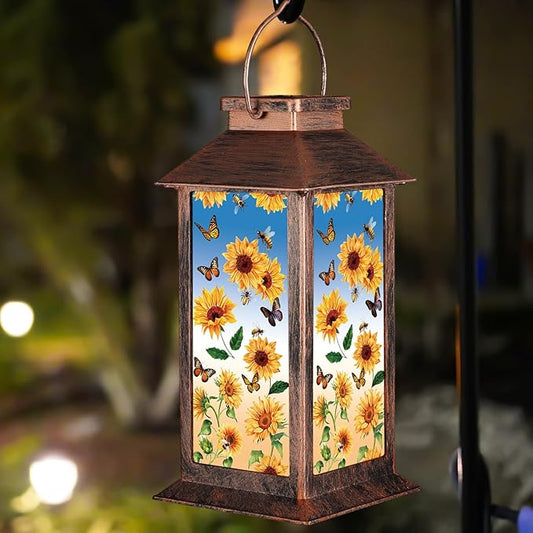 Solar Lantern Outdoor Waterproof Sunflower Butterfly Garden Decor Birthday Gifts for Women Mom and Grandma Solar LED Plastic Decorative Hanging Light for Yard(Sunflower Butterfly)-VerdiqueGarden