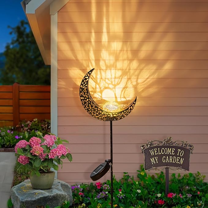 HOMEIMPRO 2Pack Moon Garden Solar Lights Outdoor Stakes Waterproof, Gifts for Mom, Crackle Glass Patio, Backyard Decorations, Balcony Lawn Ornaments, for Women Men Grandma (Bronze)-VerdiqueGarden