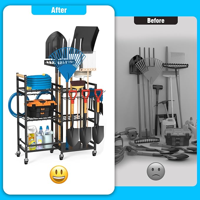 NADAMOO Garden Tool Organizer with Rolling Wheel, 3-tier Metal Shelf Yard Tool Holder, Utility Stand Rack for Garage Organization and Storage, Hold Long-Handled Rakes, Shovel, Broom-VerdiqueGarden