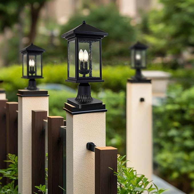 Outdoor Post Light, Waterproof Pole Lantern Lighting Fixture with Tempered Clear Seeded Glass, Matte Black Finish for Outdoors (Large Post Light)-VerdiqueGarden