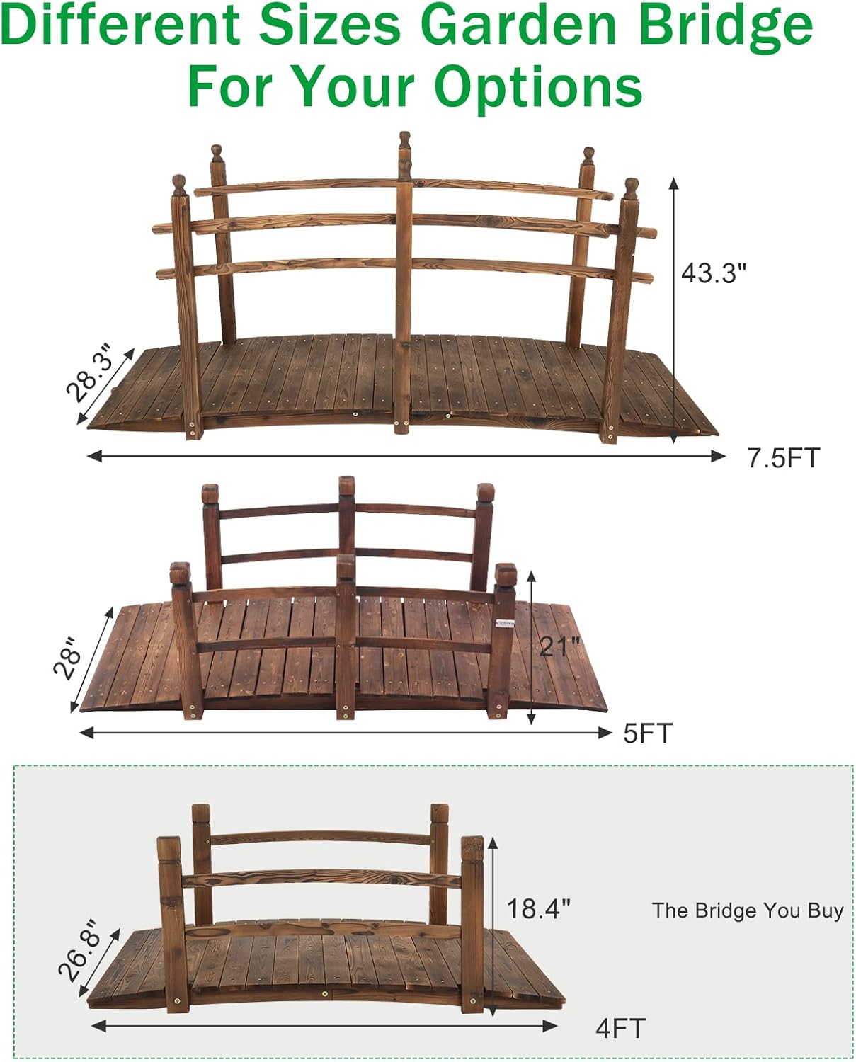 VINGLI 4 ft Garden Bridge, Arch Walkway Wooden Bridge with Safety Rails Carbonized Finished, Decorative Landscaping Footbridge for Koi Pond, Dry Creek Bed, Garden Pathway or Rustic Wedding Decor-VerdiqueGarden