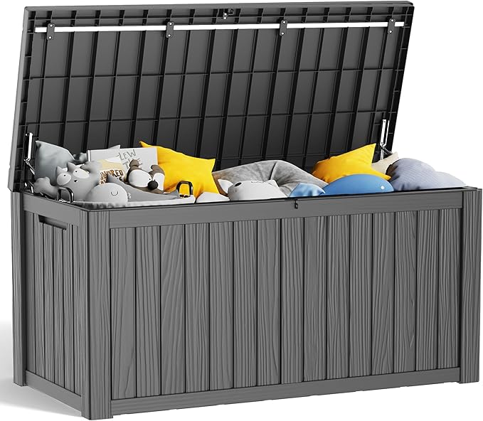 150 Gallon Resin Deck Box, Lockable Patio Outdoor Storage Box for Furniture, Garden Tools and Tools Storage, Waterproof Outside Storage Boxes - Black-VerdiqueGarden