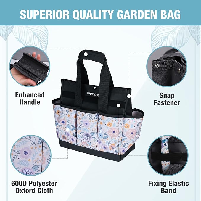 WORKPRO Garden Tool Bag, 9 Pockets Gardening Bag, Heavy Duty Oxford Garden Tote Caddy (Tools NOT Included), 12" x 12" x 6" (Floral White)-VerdiqueGarden
