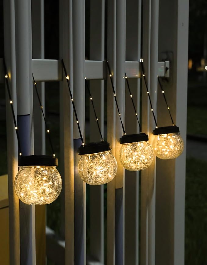 Solar Lanterns Solar Lights Outdoor Waterproof 6-Pack, Solar Powered Hanging Lights Cracked Glass Hanging Globes for Christmas Decoration, Shepherd Hook, Garden Tree Ornaments-VerdiqueGarden