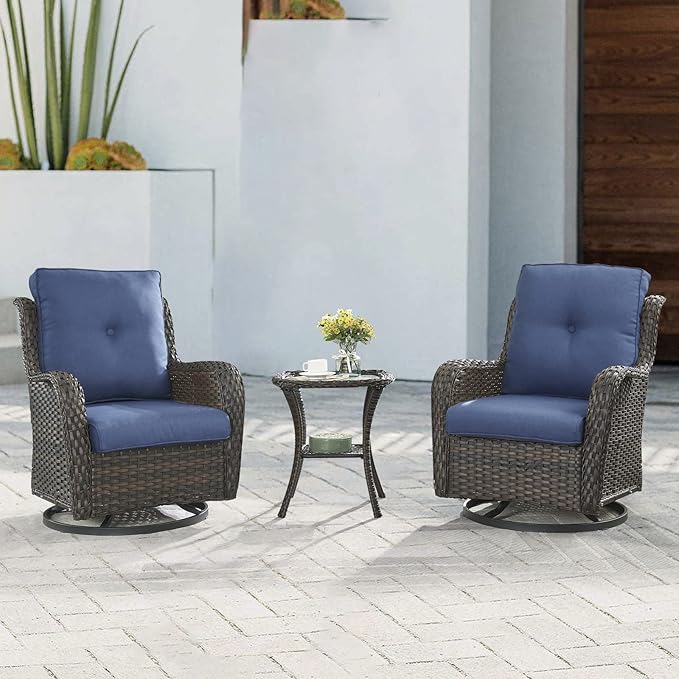 Outdoor Patio Swivel Rocker Chairs - 3 Piece Patio Bistro Set,Wicker Patio Furniture Set with 2 Swivel Rocking Chairs and 1 Glass Top Side Table for Deck Porch Garden,Brown/Blue-VerdiqueGarden