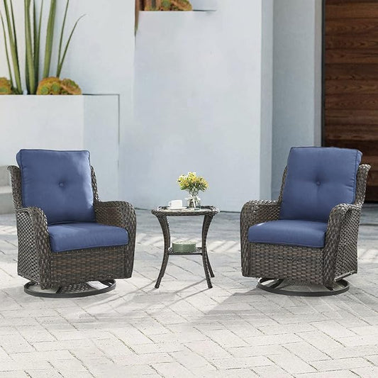 Outdoor Patio Swivel Rocker Chairs - 3 Piece Patio Bistro Set,Wicker Patio Furniture Set with 2 Swivel Rocking Chairs and 1 Glass Top Side Table for Deck Porch Garden,Brown/Blue-VerdiqueGarden