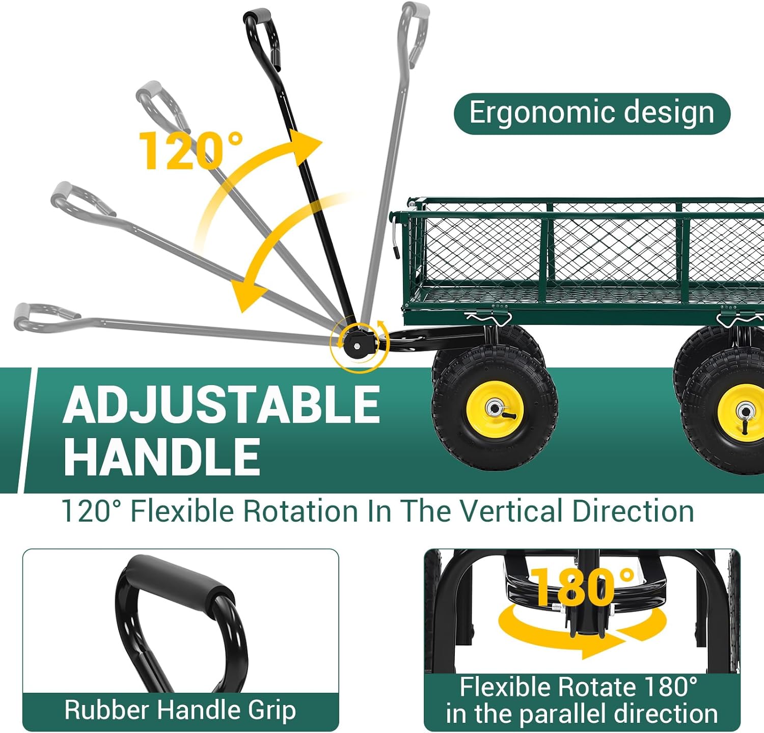 Steel Garden Cart on Wheels, 880LBS Pullable Metal Garden Wagon, 180° Rotating Handle and Removable Sides for Outdoor, Farm, Yard, Beach-VerdiqueGarden