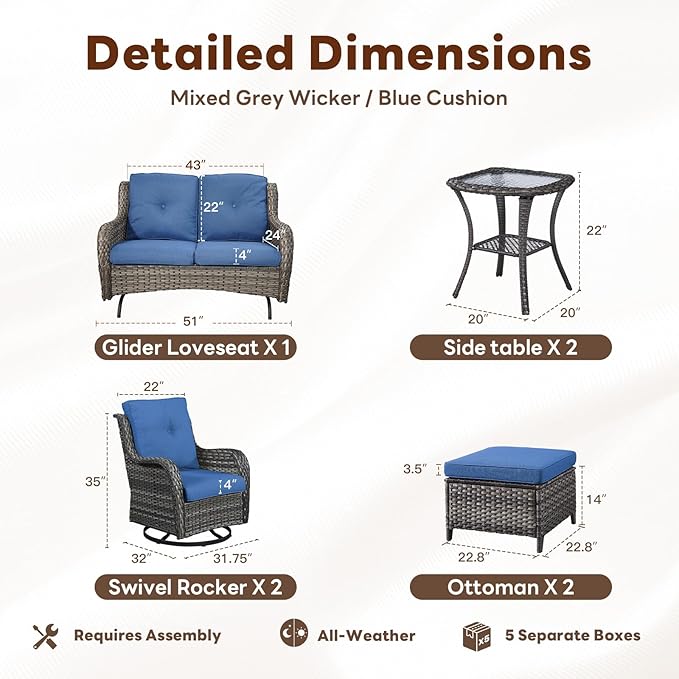 Outdoor Patio Furniture Set - 7 Piece Gray Wicker Conversation Patio Furniture Set All Weather Swivel Chairs with Ottoman and Loveseat Glider Chair for Deck Balcony Backyard-VerdiqueGarden