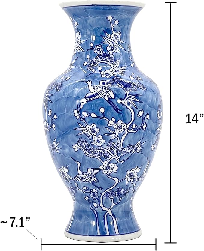 Galt International White & Blue Floral Crane Chinoiserie Ceramic Vase 14" - Hand Painted Antique Style Porcelain Bird & Flower Bottle Fishtail Porcelain Chinese Vase for Home Decor Centerpiece-VerdiqueGarden
