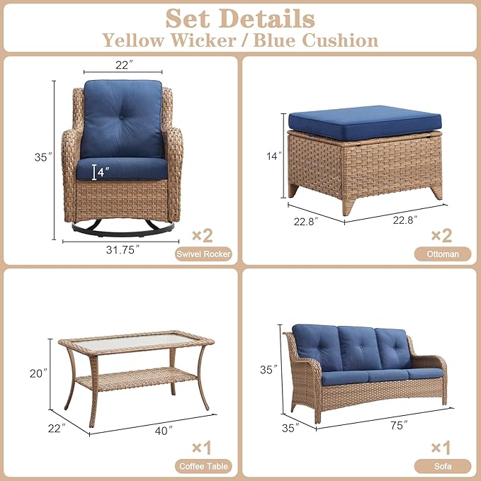 Wicker Outdoor Furniture Patio Furniture Set - 6 Piece Patio Conversation Set with Swivel Rocker Chairs, Rattan Sofa, Ottomans and Coffee Table, Blue Cushion-VerdiqueGarden