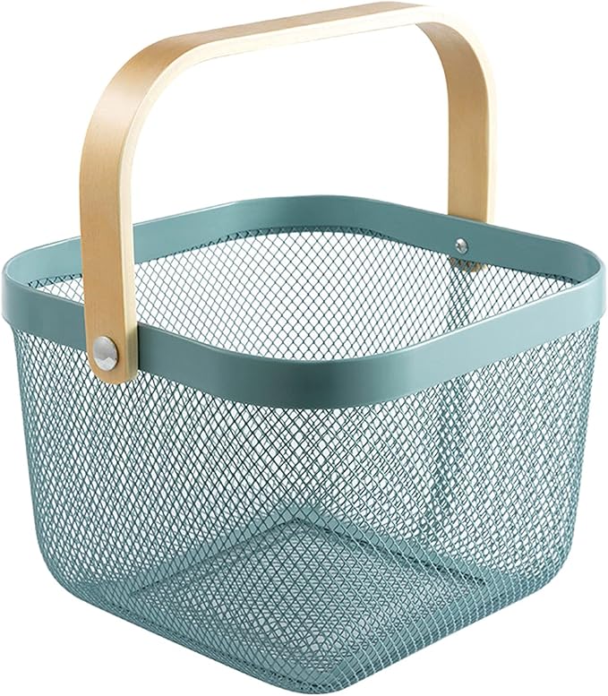 Metal Mesh Steel Basket, Storage Organizer Basket Multi-functional Hanging Kitchen Baskets Fruit Basket Bin with Bamboo Handle for Kitchen Bathroom Picnic Shopping Decor Cabinet Home, Blue-VerdiqueGarden