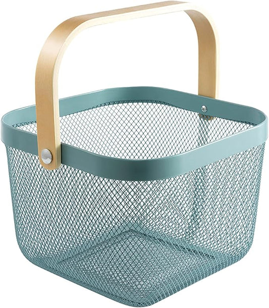 Metal Mesh Steel Basket, Storage Organizer Basket Multi-functional Hanging Kitchen Baskets Fruit Basket Bin with Bamboo Handle for Kitchen Bathroom Picnic Shopping Decor Cabinet Home, Blue-VerdiqueGarden