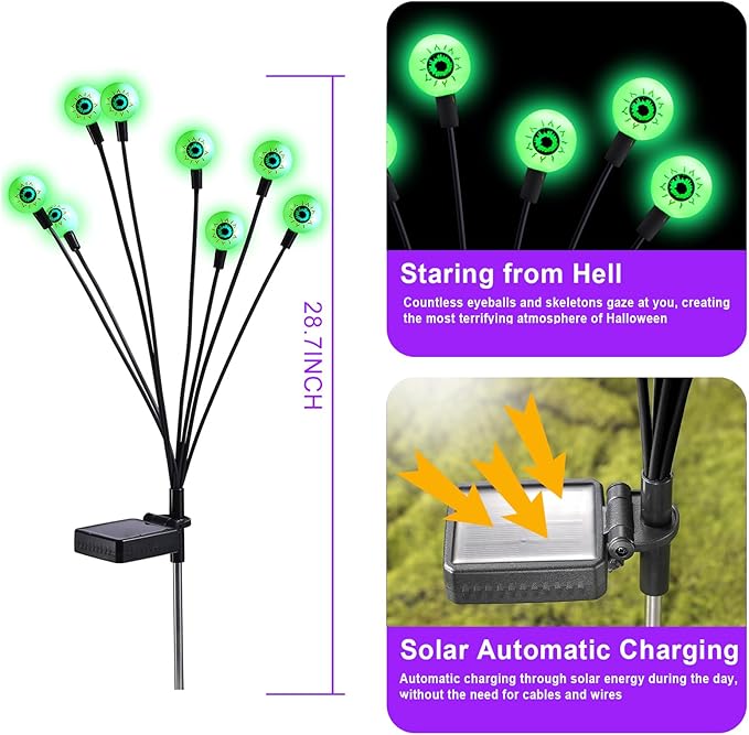 ASMAD Halloween Decorations Outdoor Solar Scary Eyeball Lights, 4Pack 32LEDs Green Eyeball Swaying Firefly Light, Waterproof Halloween Path Lights for Garden/Yard/Patio/Party Decor-VerdiqueGarden