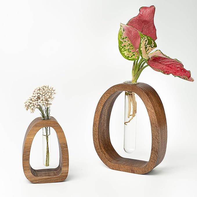 Modern Wooden Glass Test Tube Vase - Desk Plant Decor, Suitable for Home and Office Use-VerdiqueGarden
