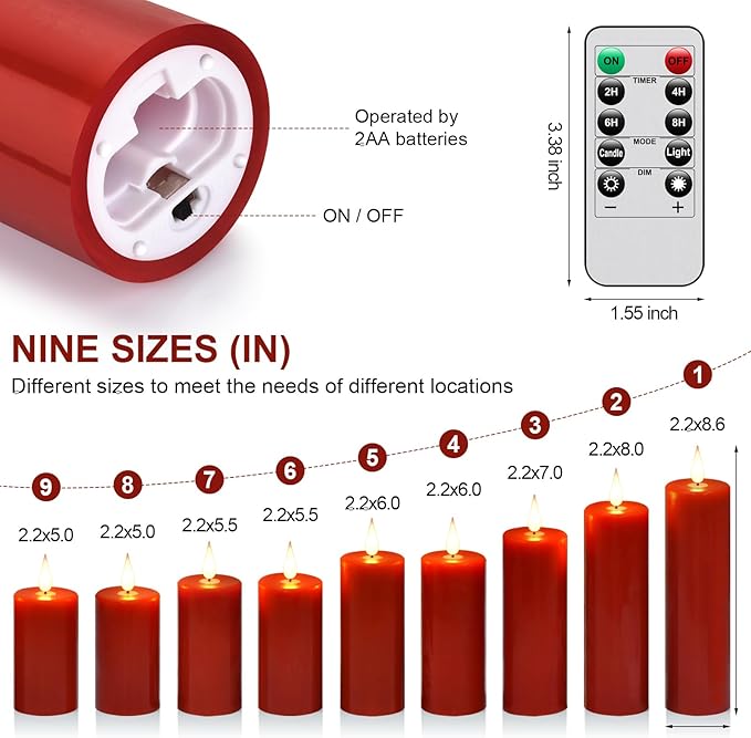 Flameless Flickering Battery Operated Candles 9PACK Real Wax Pillar LED Candles with 10-Key Remote Control and 24 Hours Timer for Wedding, Party, Home Decoration (Red)-VerdiqueGarden