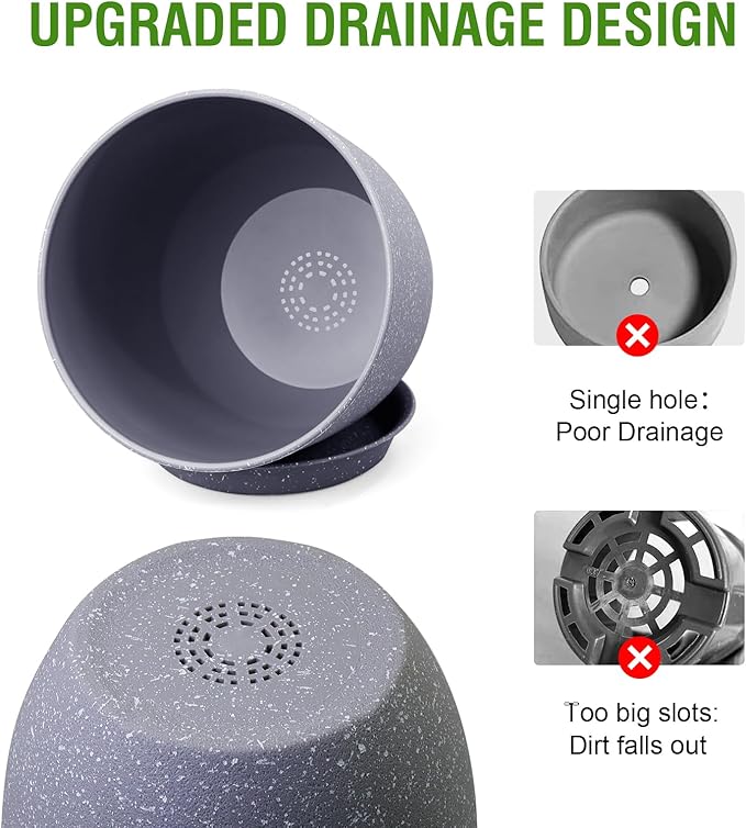 10/9/8 inch Plant Pots, Set of 3 Modern Decorative Plastic Planters with Drainage Holes and Saucers for Garden House Plants, Flower Pots for Indoor Outdoor Plants, Speckled Grey-VerdiqueGarden
