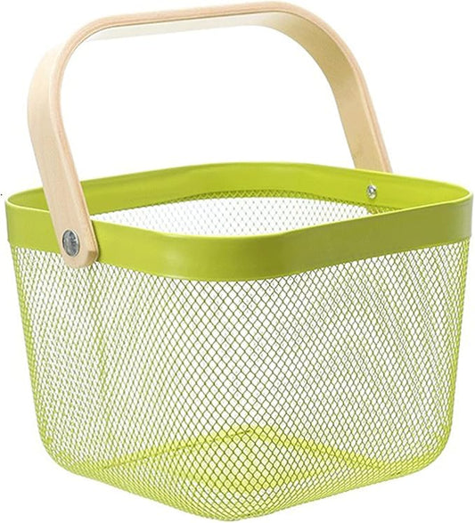 Metal Mesh Steel Basket, Storage Organizer Basket Multi-functional Hanging Kitchen Baskets Fruit Basket with Wooden Handle for Kitchen Bathroom Picnic Shopping Decor Cabinet Home, Macaron Green-VerdiqueGarden