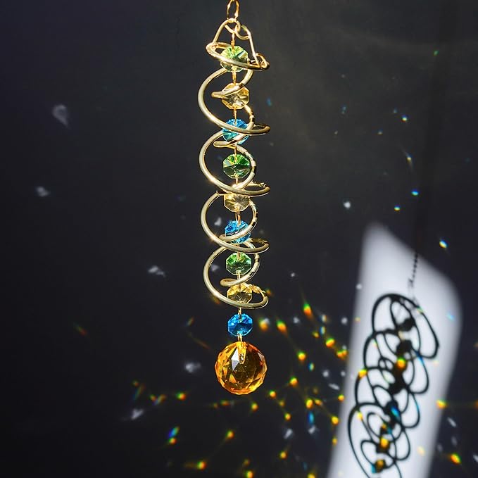 H&D HYALINE & DORA Glass Gazing Ball Spiral Tail Decorative Sun Catcher,17.7in Rainbow Maker Double-Spiral W/Yellow Crystal Ball Prism Sun Catcher for Indoor Outdoor Garden Decoration-VerdiqueGarden