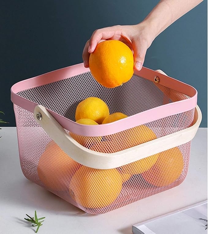 Metal Mesh Steel Basket, Storage Organizer Basket Multi-functional Hanging Kitchen Baskets Fruit Basket Bin with Bamboo Handle for Kitchen Bathroom Picnic Shopping Decor Cabinet Home, Pink-VerdiqueGarden