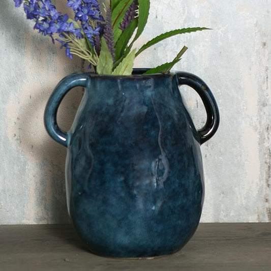 Blue Ceramic Vase with 2 Handles, Modern Farmhouse Decor, Rustic Terracotta Pottery, Decorative Flower Vases, Clay Small Vase, Centerpiece for Dining Table - 7 Inch Tall-VerdiqueGarden