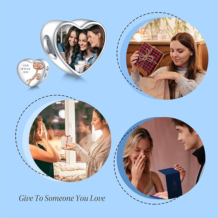 Annmors Personalized Photo Charm for Bracelet Necklaces,925 Sterling Silver Charm Love Heart Shaped Engraved Customize Picture Gift for Birthday Mother's Day Christmas,Bead Charms Jewelry for Women