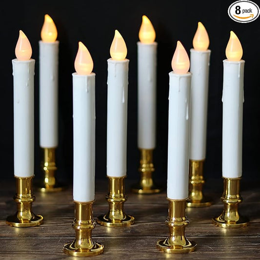 DRomance 9" Flameless Window Taper Candles Battery Operated with 8-Key Remote and Timer, 8 Pack White Christmas Holdiay Window Candles with Gold Holders, Suction Cups and AA Batteries Included-VerdiqueGarden