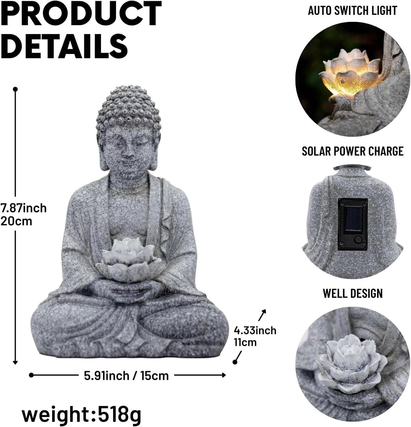 Buddha Lotus Statue with Solar Lights, Resin LED Figurine for Garden Decor – Unique Gift for Women and Friends(Grey Buddha)-VerdiqueGarden