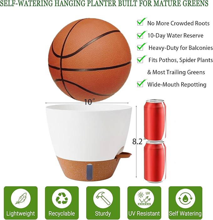 10 Inch Hanging Planters for Indoor Plants & Outdoor - 2 Pack Self-Watering Hanging Pots with Drainage Holes, Visual Reservoir, 2 Hangers - Self-Watering Hanging Baskets Flower Pots-VerdiqueGarden