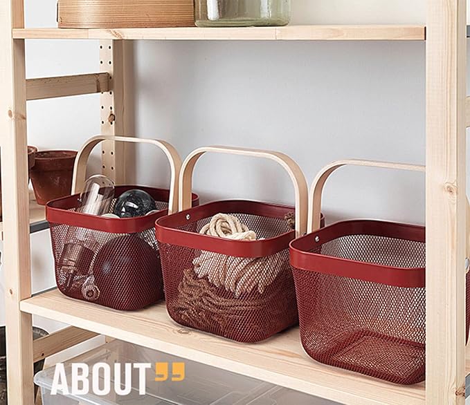 Metal Mesh Steel Basket, Storage Organizer Basket Multi-functional Hanging Kitchen Baskets Fruit Basket Bin with Bamboo Handle for Kitchen Bathroom Picnic Shopping Decor Cabinet Home, Red-VerdiqueGarden