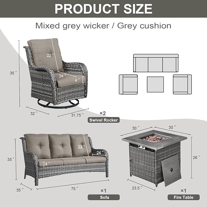 Outdoor Patio Furniture Set with 50000BTU Propane Fire Pit Table, 4 Pieces Wicker Patio Conversation Set with 2 Swivel Rocker Glider Chairs Rattan Sofa Grey Cushion Perfect for Gathering-VerdiqueGarden
