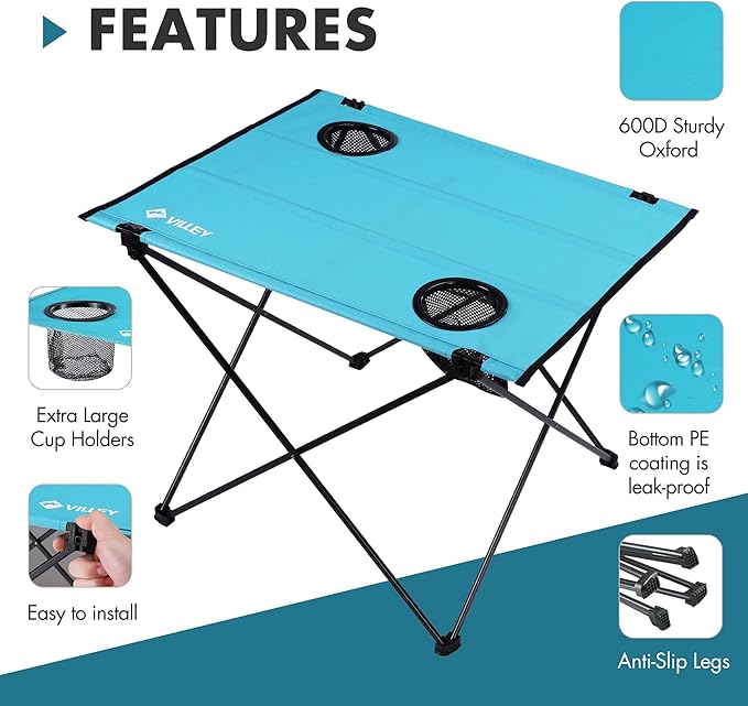 VILLEY Folding Camping Table, Lightweight Portable Beach Table with 2 Cup Holders & Carry Bag for Camping, Beach, Fishing, Travel, and Outdoor Activities (Large)-VerdiqueGarden