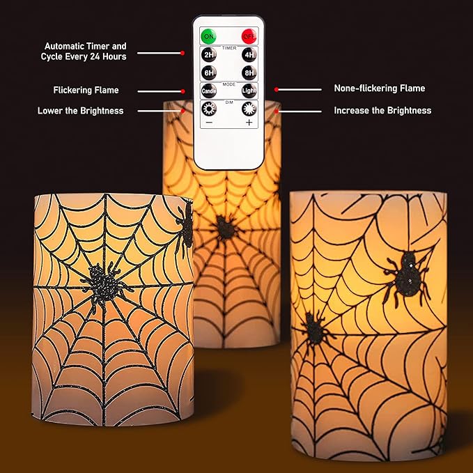 Spider Web Decor Flameless Candles Battery Operated with Remote Timer Haunted House Spooky Decorations Set of 3 Real Wax Black LED Flickering Candles Decorative for Halloween Decor Party-VerdiqueGarden