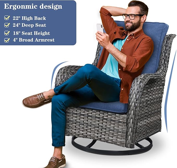 Outdoor Swivel Rcoker Patio Chairs - Outdoor Swivel Patio Chairs Set of 2 Wicker Chair Patio Furniture Sets with Covered Cushion for Porch Deck Balcony Garden, Blue-VerdiqueGarden