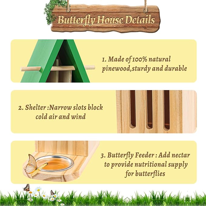 Butterfly House and Feeder for Outside, Wooden Butterfly House for Garden, Natural Butterfly Habitat with Butterfly Puddler on The Floor or Hanging on Tree Wall-VerdiqueGarden