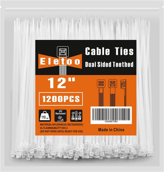 12 Inch White Zip Ties (1200 Pack), 2025 New Patented Design,110 LBS Tensile Strength, Self-Locking Nylon PA66 UV Resistant Cable Ties for Indoor and Outdoor Use-VerdiqueGarden