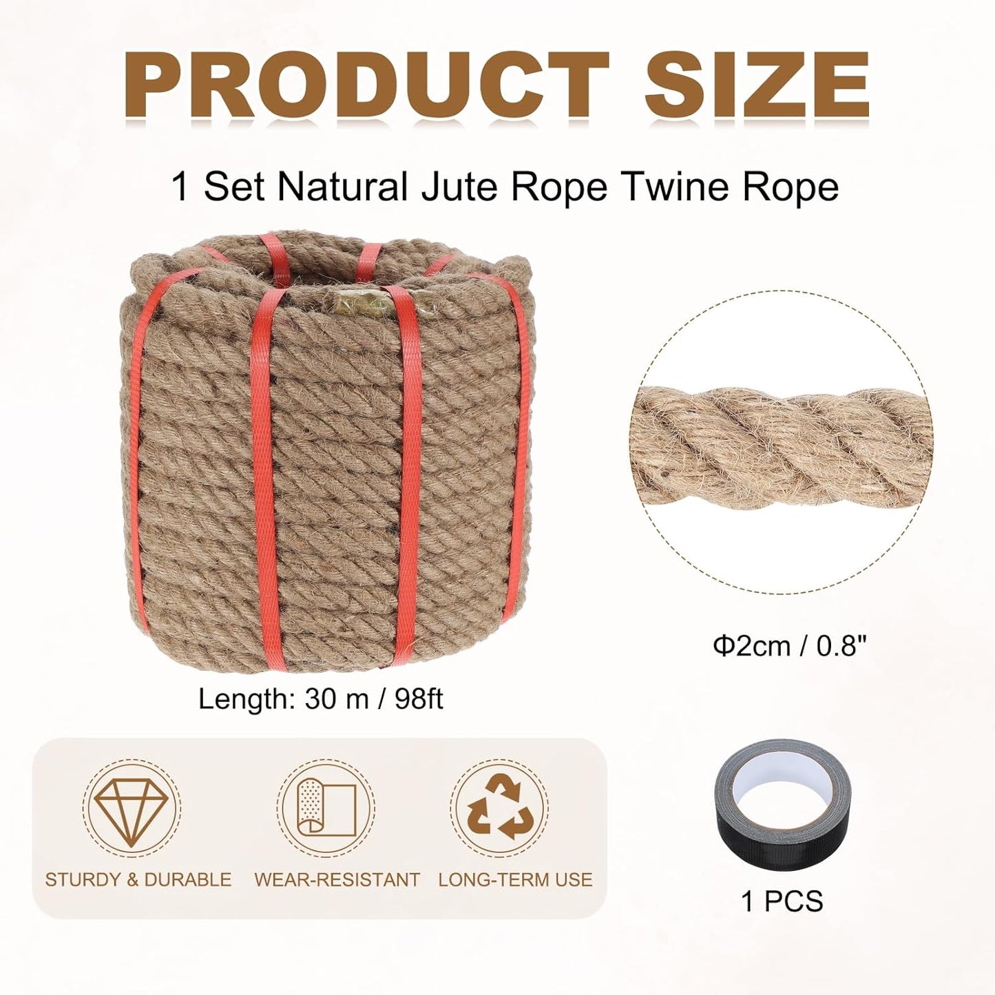 MECCANIXITY Jute Rope 0.8 Inch x 98ft, Thick Twine Rope Ropes Braided Jute Twine Natural Brown Burlap Cord String Heavy Twisted with Tape for Decorative Crafts Railing Swing Tug of War-VerdiqueGarden