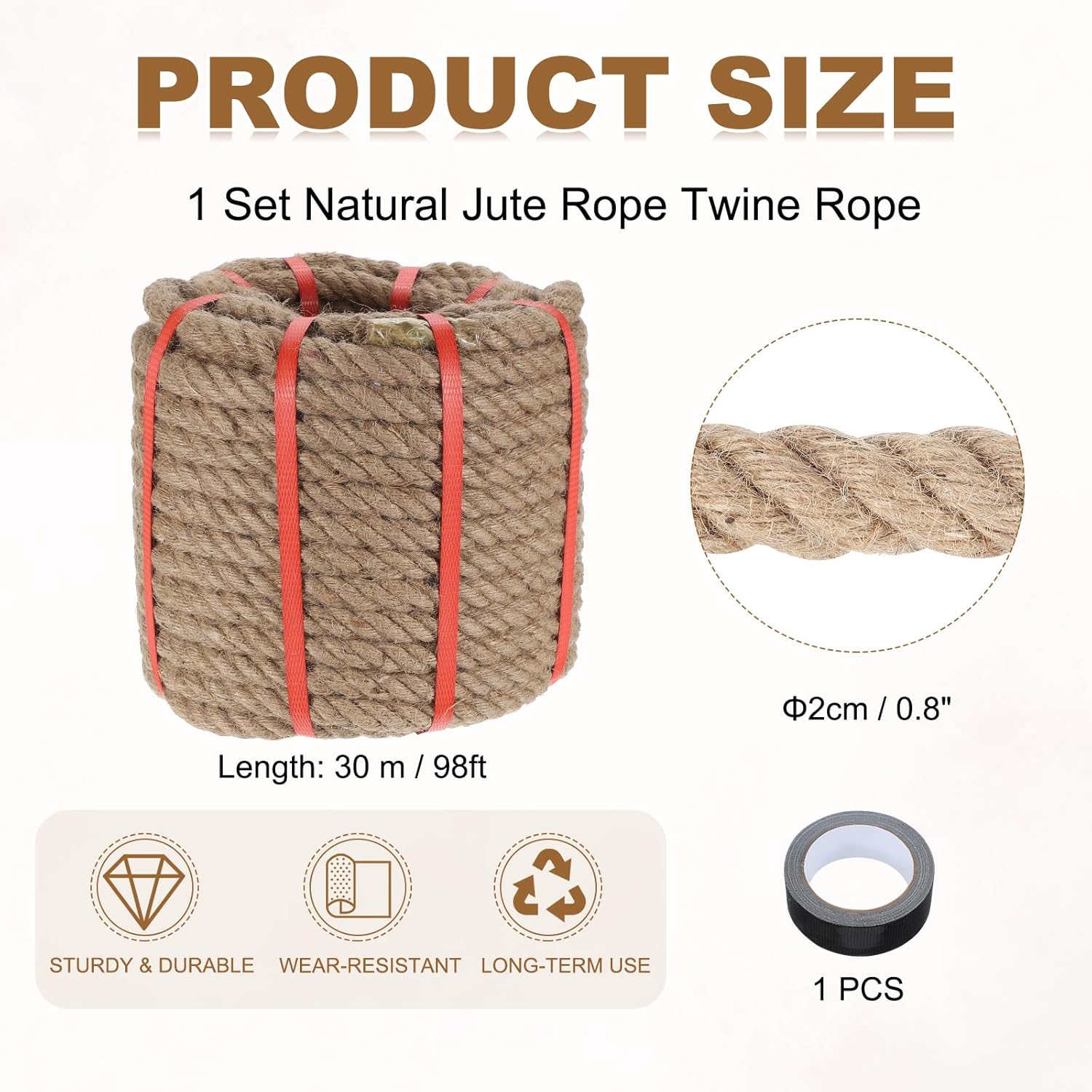 MECCANIXITY Jute Rope 0.8 Inch x 98ft, Thick Twine Rope Ropes Braided Jute Twine Natural Brown Burlap Cord String Heavy Twisted with Tape for Decorative Crafts Railing Swing Tug of War-VerdiqueGarden