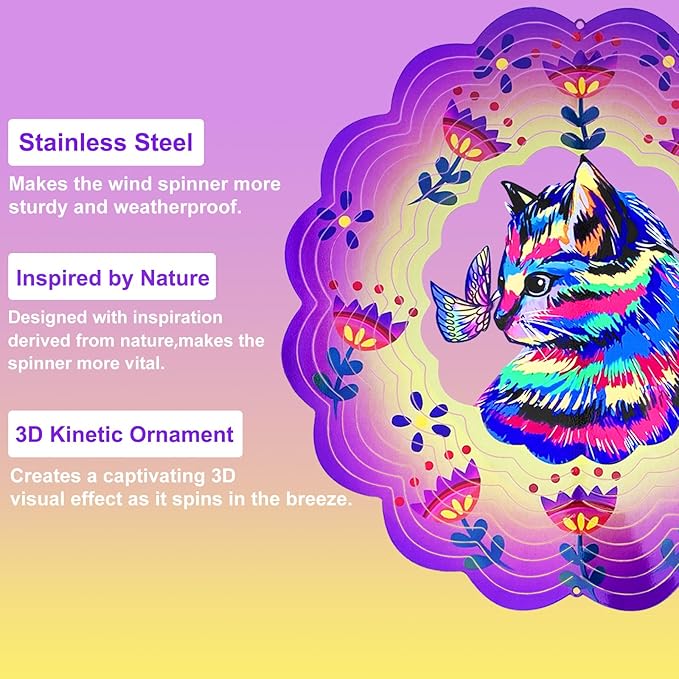 Cat Wind Spinners 3D Hanging Wind Spinner Cat Ornament Gifts for Women Mom Grandma,12inch Metal Wind Kinetic Sculpture for Outdoor&Indoor Decor, Yard Art, Garden Decoration-VerdiqueGarden