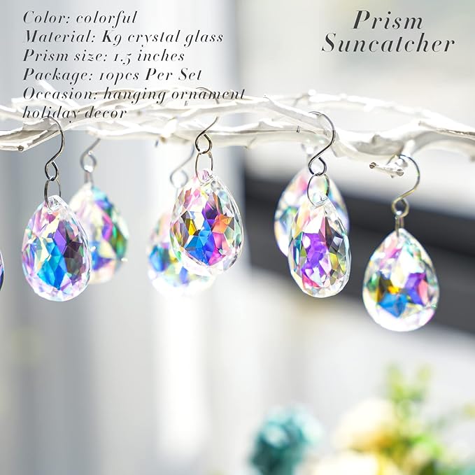 10pcs 38mm Suncatcher Crystal Teardrops Chandelier Parts,Chandelier Crystal Prisms Pendants with Hook,Hanging Crystals for Lamp Window Christmas Tree Decoration(AB Colors)-VerdiqueGarden