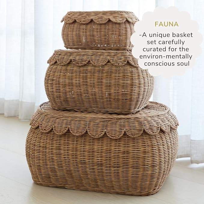 BEBE BASK Large Scalloped Basket Set Of 3 - Hand-Woven & Award-Winning Scallop Basket - XL - Extra Large for Blankets 22 x 16 x 10 In - Elegant Wicker With Scalloped Edge Lid (Mocca)-VerdiqueGarden