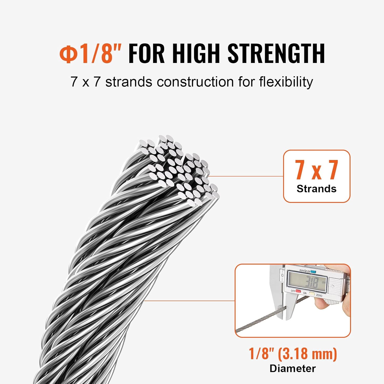 VEVOR 1/8 Stainless Steel Cable, 1/8 Wire Rope, 100 FT 316 Cable Wire 20 Sleeves & 10 Thimbles, 1600 lbs Breaking Strength, 7x7 Strands Marine Aircraft Grade for Handrail Stair Decking Fence Outdoors-VerdiqueGarden