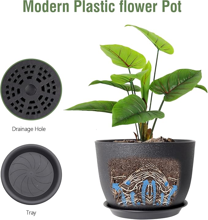 12 inch Large Plant Pots, Plastic Planters with Drainage Holes and Saucers, Flower Pots for Indoor Outdoor Plants, Modern Decorative Pots for Garden House Plants, Black-VerdiqueGarden