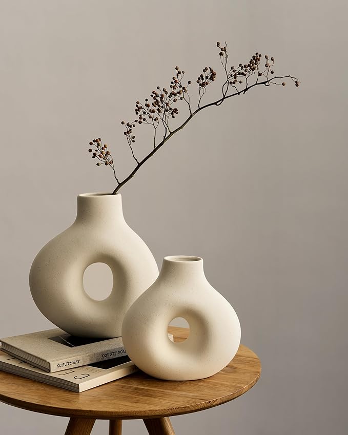NOBULA White Ceramic Donut Vases – Modern Home Decor for Living Room, Bedroom & Table Centerpiece - Minimalist Nordic – Unique Vases for Olive Plant & Flowers – Decorative Coffee Table Vase Set of 2-VerdiqueGarden