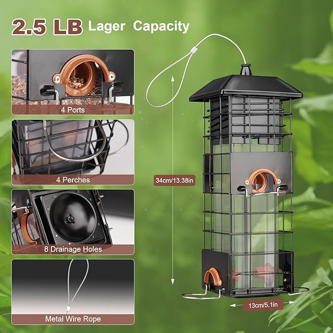 Squirrel Proof Bird Feeder - Metal Outdoor Design with 4 Feeding Ports, Wild Bird Feeders for Outside, 2.5lb Large Capacity, Ideal Gift for Bird Lovers-VerdiqueGarden