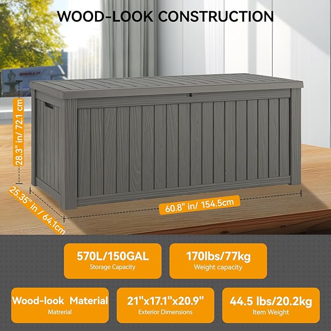 NUNU LAB 150 Gallon Outdoor Storage Box,Resin Large Sturdy Deck Box, Backyard Outside Storage Box Waterproof with Double Wall Panels,Package Delivery,Garden Outdoor Hose Bin-VerdiqueGarden